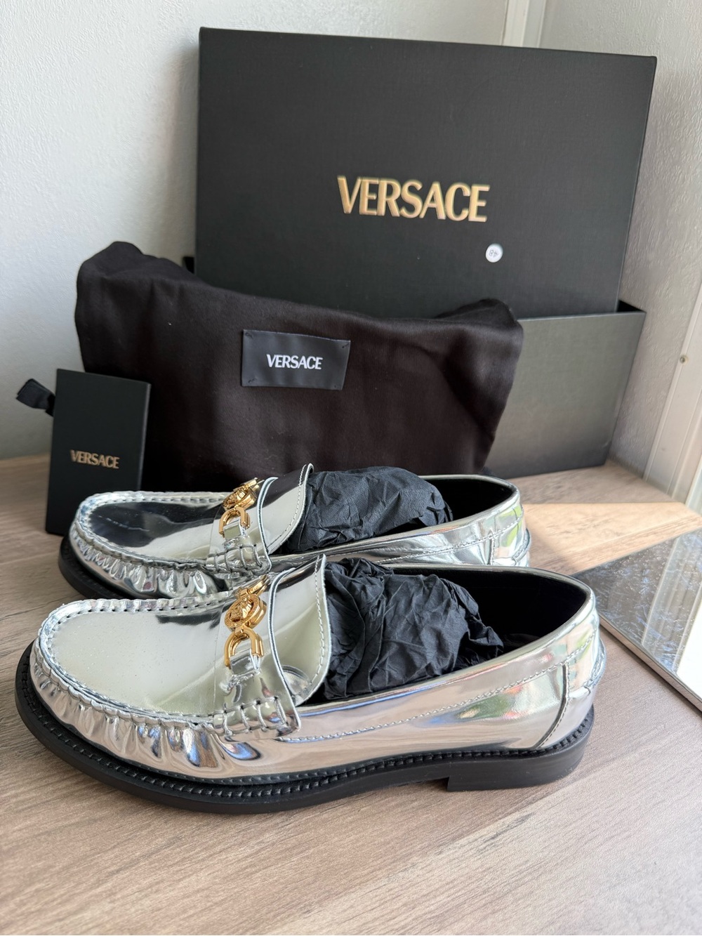 Versace women’s Silver Metallic mirror new Loafers